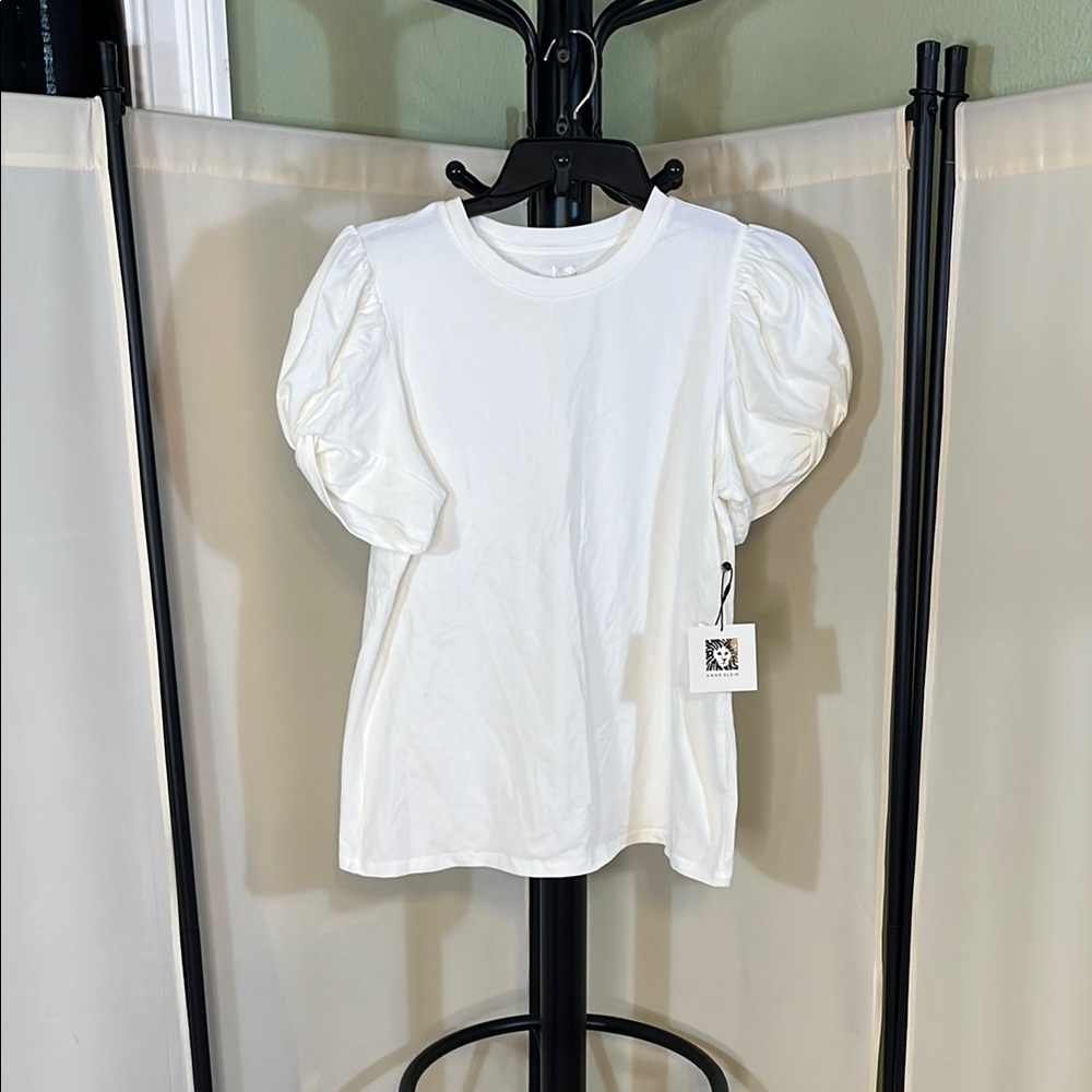 Anne Klein White Puff Sleeve Ruched Blouse